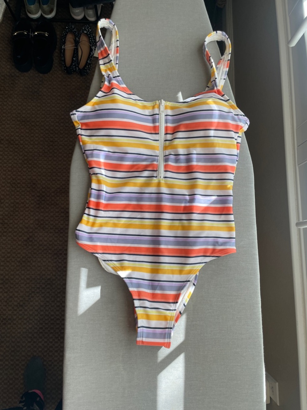 Aero Striped Zip-Front One-Piece Swimsuit in Coral, Yellow & Lavender
Size S